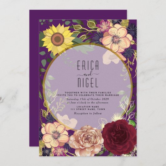 Boho Floral Purple Faire-part de mariage (Devant / Derrière)