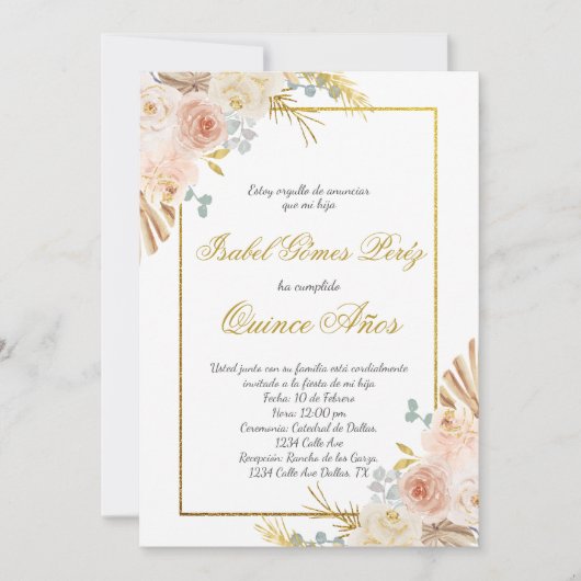 Boho floral Quince invitation en espagnol (Devant)