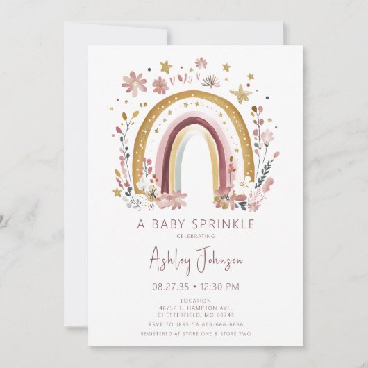 Boho Floral Rainbow Baby Sprinkle Invitation (Devant)