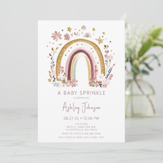 Boho Floral Rainbow Baby Sprinkle Invitation (Debout devant)