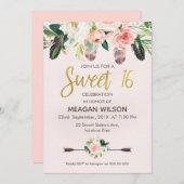 Boho floral rose 16e anniversaire Invitation (Devant / Derrière)