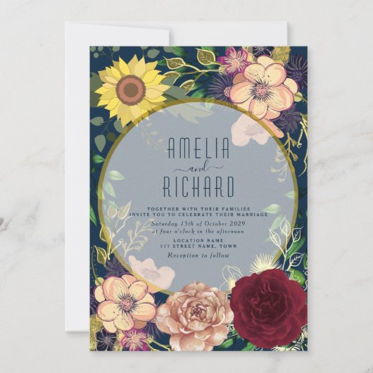 Boho Floral rose et Faire-part de mariage bleu mar (Devant)