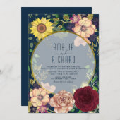 Boho Floral rose et Faire-part de mariage bleu mar (Devant / Derrière)