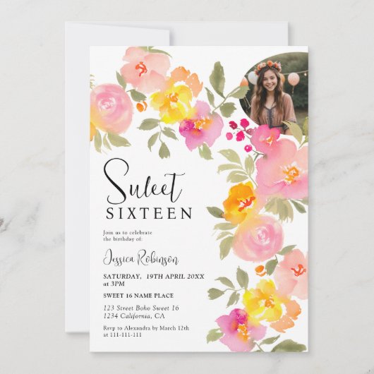 Boho Floral Roze Waterverf Script Foto Sweet 16 Kaart (Voorkant)