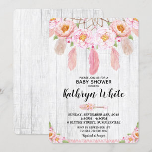 Boho Floral Rustic Baby shower Invitation Girl Kaart