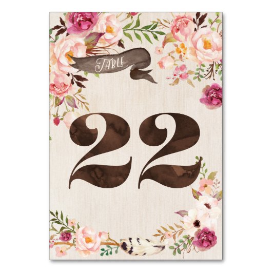Boho Floral Rustic Mariage Numéro de table Carte 2 (Dos)