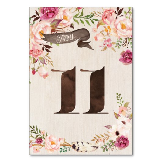 Boho Floral Rustic Mariage Numéro de tableau Carte (Par défaut)