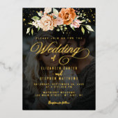 Boho Floral Sinaasappel en Blush Pink Fotobruiloft Folie Uitnodiging (Voorkant)