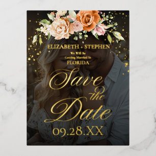 Boho Floral Sinaasappel en Blush Pink Fotobruiloft Folie Uitnodiging Briefkaart