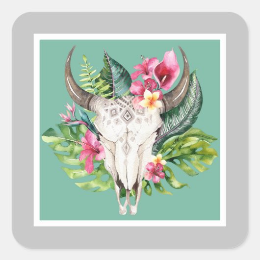 Boho Floral Skull Blauwgroen & Chic Gray Birthday  Vierkante Sticker (Voorkant)