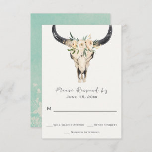 Boho Floral Skull met Light Turquoise Wedding RSVP Kaartje