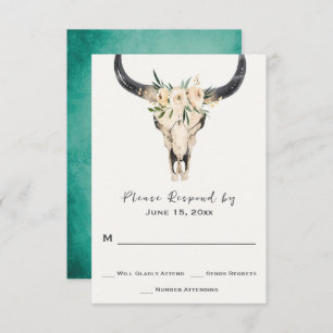Boho Floral Skull op Turquoise Background Wedding RSVP Kaartje