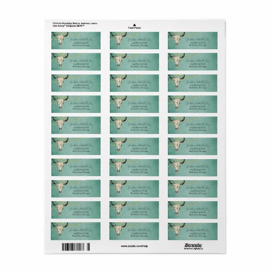 Boho Floral Skull, String Lights Turquoise Address Etiket (Full Sheet)