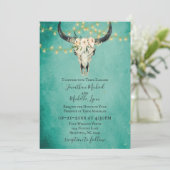 Boho Floral Skull, String Lights Turquoise Wedding Kaart (Staand voorkant)