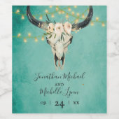 Boho Floral Skull, String Lights Turquoise Wedding Wijn Etiket (Enkel label)