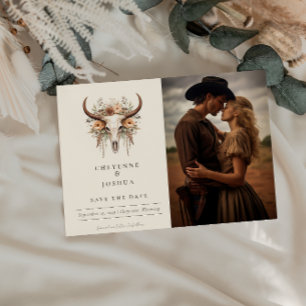 Boho Floral Skull Westerne bruiloft Save the Date Briefkaart