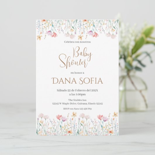Boho floral Spaans Baby shower Meisje uitnodiging (Staand voorkant)