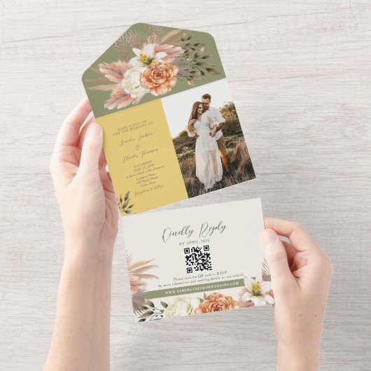 Boho Floral Spring Wedding All In One Uitnodiging (Afscheurbaar)