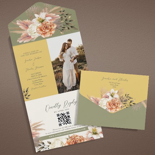 Boho Floral Spring Wedding All In One Uitnodiging