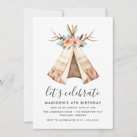 Boho Floral Teepee | Invitation de fête d'annivers (Devant)