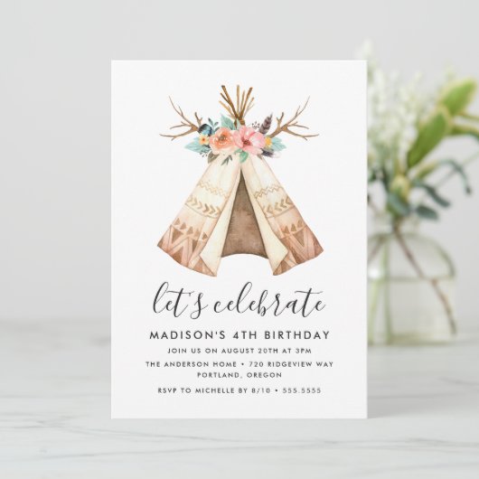 Boho Floral Teepee | Invitation de fête d'annivers (Debout devant)