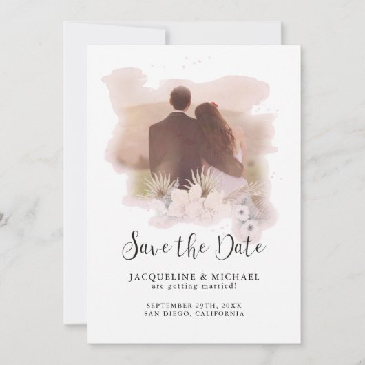 BOHO Floral Tropical Modern Script Palm Foto Save The Date (Voorkant)