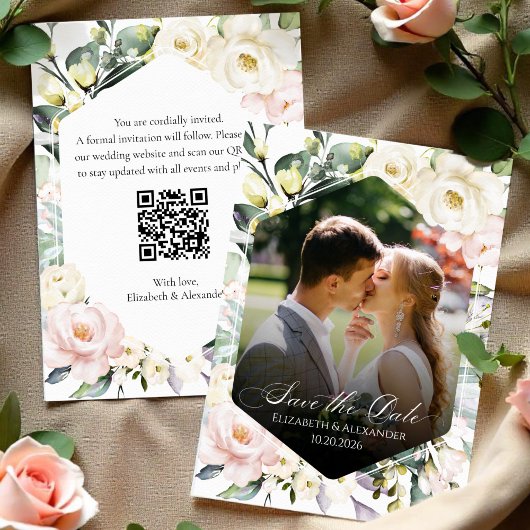 Boho Floral Trouwfoto QR-code De datums opslaan Kaart