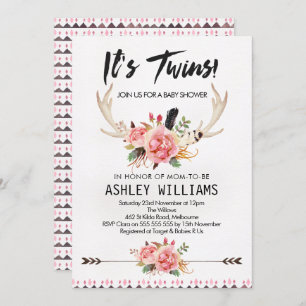 Boho Floral Twin Girls Baby shower Invitation Kaart