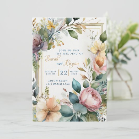 Boho floral vert Faire-part de mariage géométrique (Debout devant)