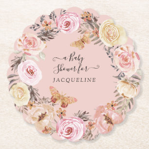 Boho Floral Waterverf Dusty Pink Baby Girl Shower Kartonnen Onderzetters