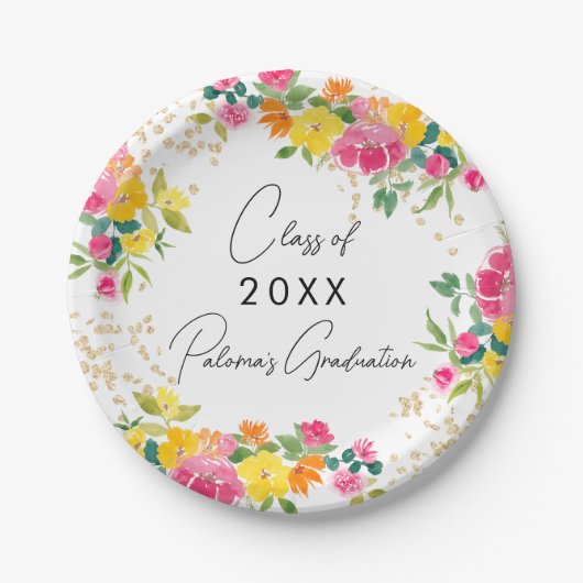 Boho Floral Waterverf Gold Glitter Afstuderen Papieren Bordje (Voorkant)