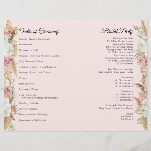 Boho Floral Waterverf Pampas Palm Wedding Programm (Achterkant)