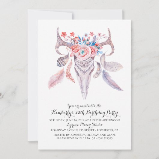 Boho Floral Waterverf Skull Birthday Party Kaart (Voorkant)