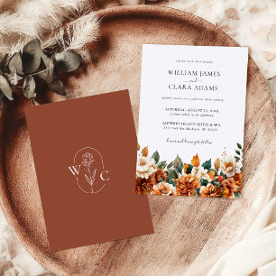 Boho Floral Waterverf Terracotta Monogram Huwelijk Kaart