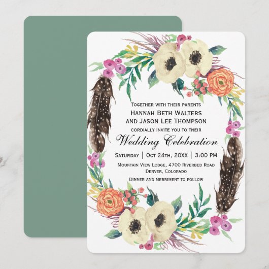 Boho Floral Waterverf Wedding Kaart (Voorkant / Achterkant)