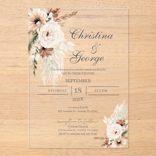 Boho Floral Wedding Acrylic Invitation (Recto)