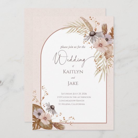 Boho Floral Wedding Invitation Kaart (Voorkant / Achterkant)