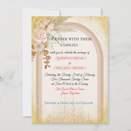 Boho Floral Wedding Invitation with Gold Sparks (Devant)