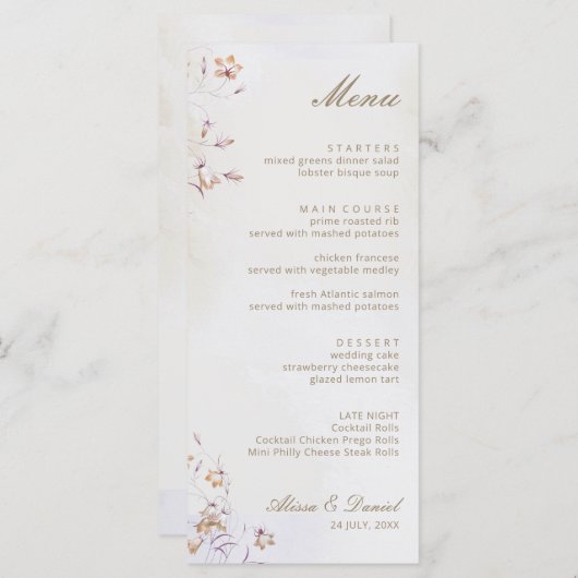 Boho Floral Wedding Menu Kaart (Voorkant / Achterkant)
