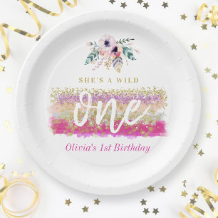 Boho Floral Wild Een Meisje's Eerste Verjaardagsfe Papieren Bordje