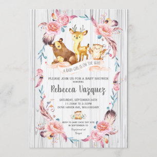 Boho Floral Woodland Animals Baby shower Girl Kaart