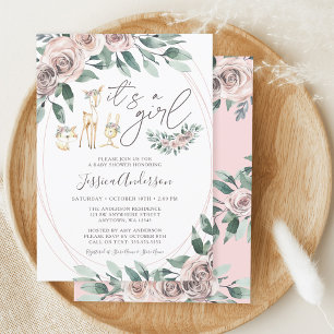 Boho Floral Woodland Animals Girl Baby shower Kaart