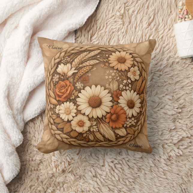 Boho Floral Woven Circle Customizable Throw Pillow Kussen (Deken)