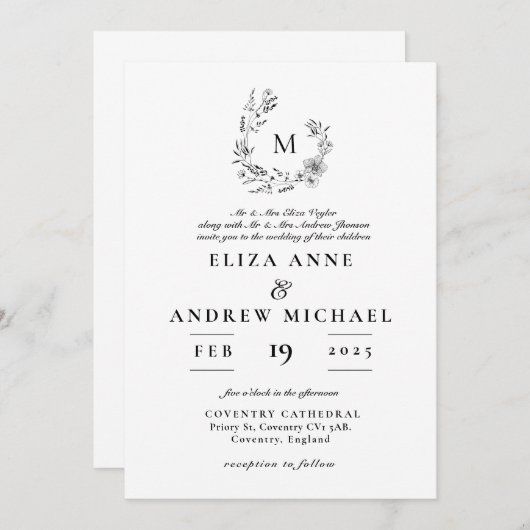 Boho Floral Wreath Monogram Custom Wedding Kaart (Voorkant / Achterkant)