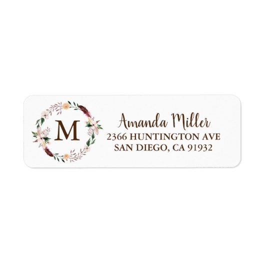 Boho Floral Wreath Monogram Retouradres Label (Voorkant)