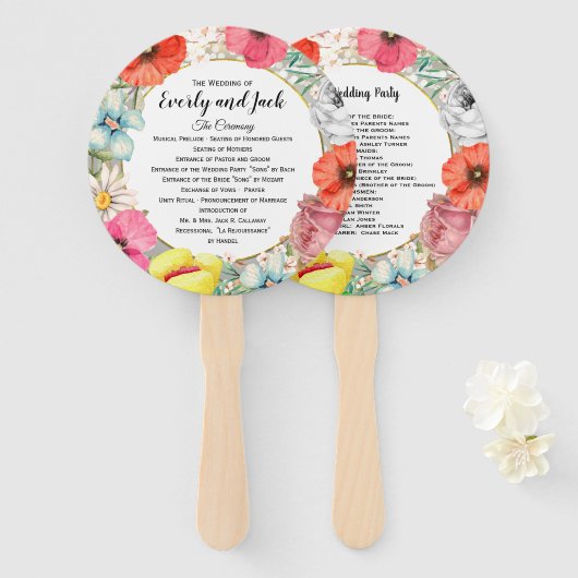 Boho Floral Wreath Pink Gold Wedding Programme Handwaaier (Voorkant en achterkant)