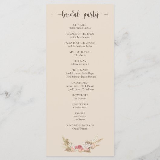 Boho Floral Wreath Script Mariage Flat Programme (Dos)