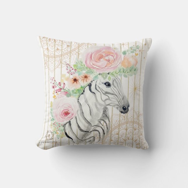 Boho Floral Zebra Coussin - Poster de animal aquar (Recto)