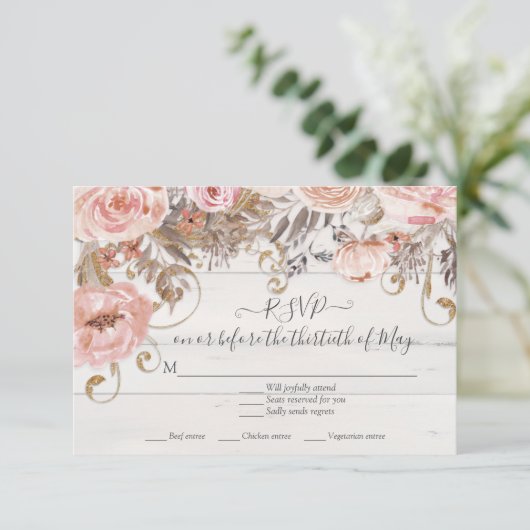 Boho Florale Rose Rose Réponse RSVP Bois Rustique (Debout devant)