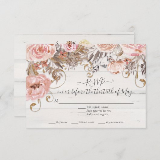 Boho Florale Rose Rose Réponse RSVP Bois Rustique (Devant / Derrière)